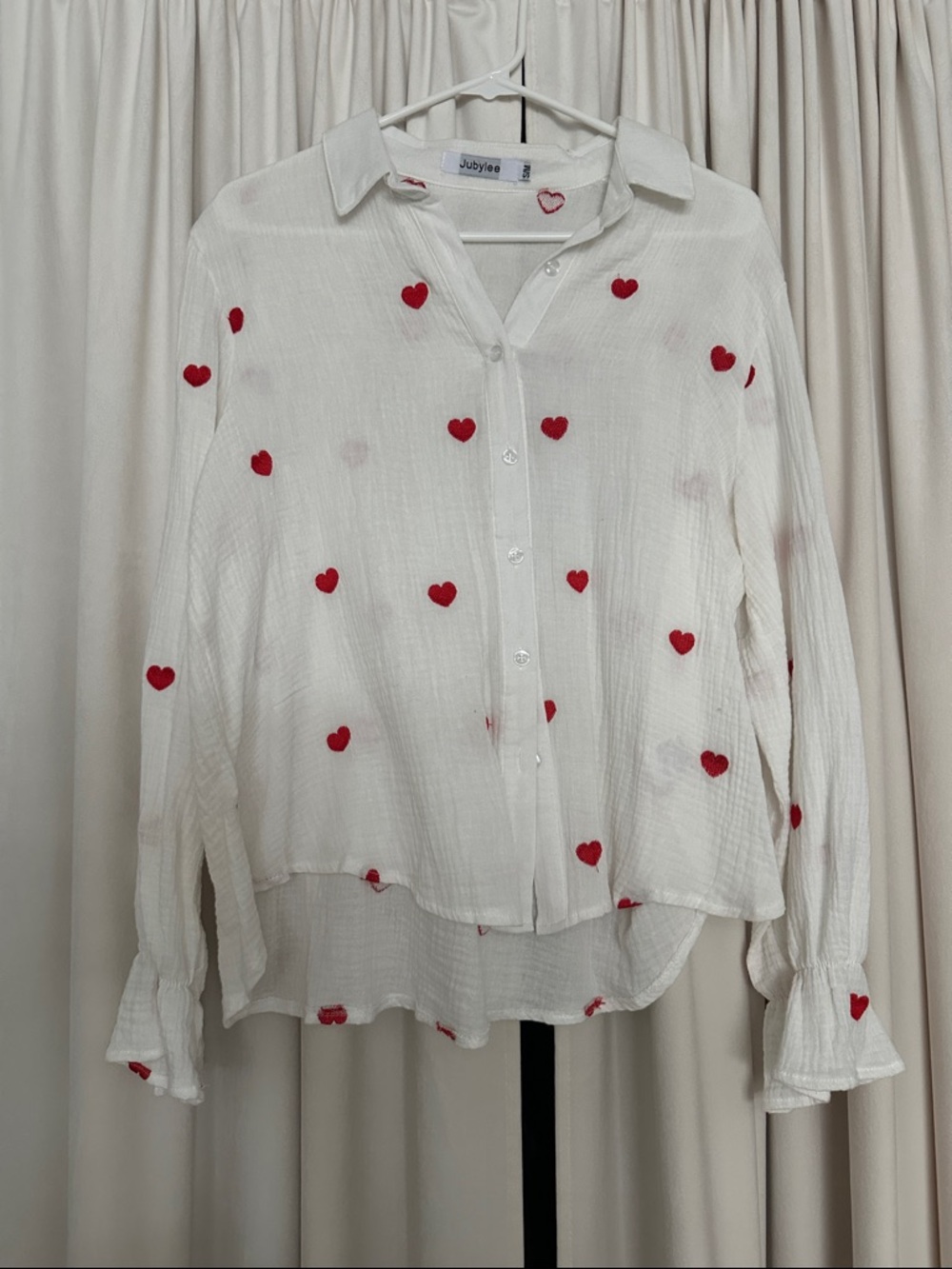 Jubylee White Embroidered Heart Gauze Blouse, Size S/M